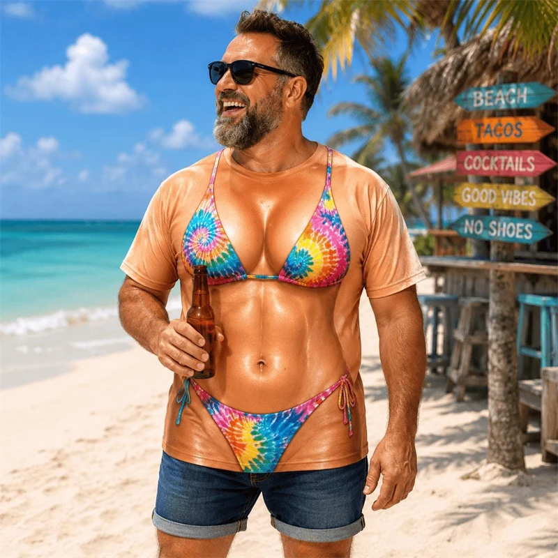 Funny 3D Fake Body Bikini Printed Men Short Sleeve T Shirts Leopard Flag Pattern Tee Casual Summer Beach Pool Party Holiday Top