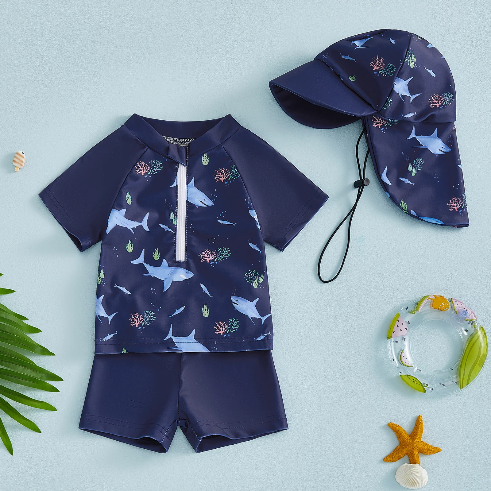 0-4Y Baby Boys Summer Swimsuits Set Cute Print Zipper Short Sleeve Rash Guard and Swim Trunks and Hat Swimwear Beachwear