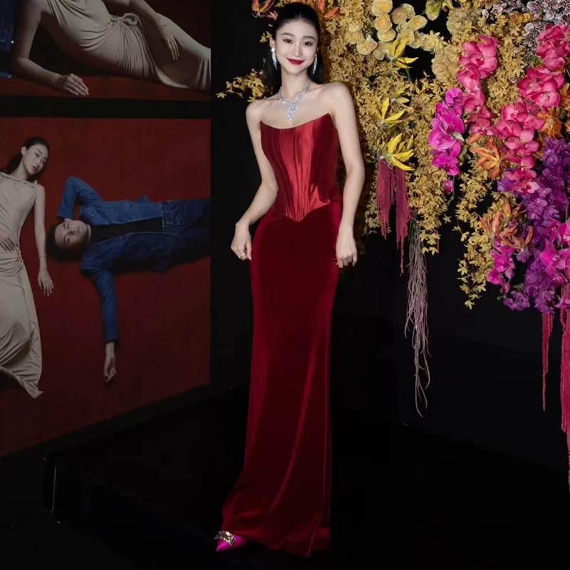 Autumn Winter Exquisite Waist Velvet Sleeveless Wedding Party Evening Dress Female Cheongsam Host Dresses Christmas Halloween