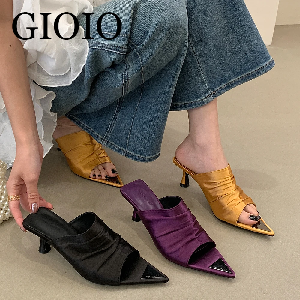 

Female Slip On Footwear Shallow Ladies Medium Heels Shoes Fashion Pointed Toe Silk Women Thin Heels Pumps Slides Sandals Shoes