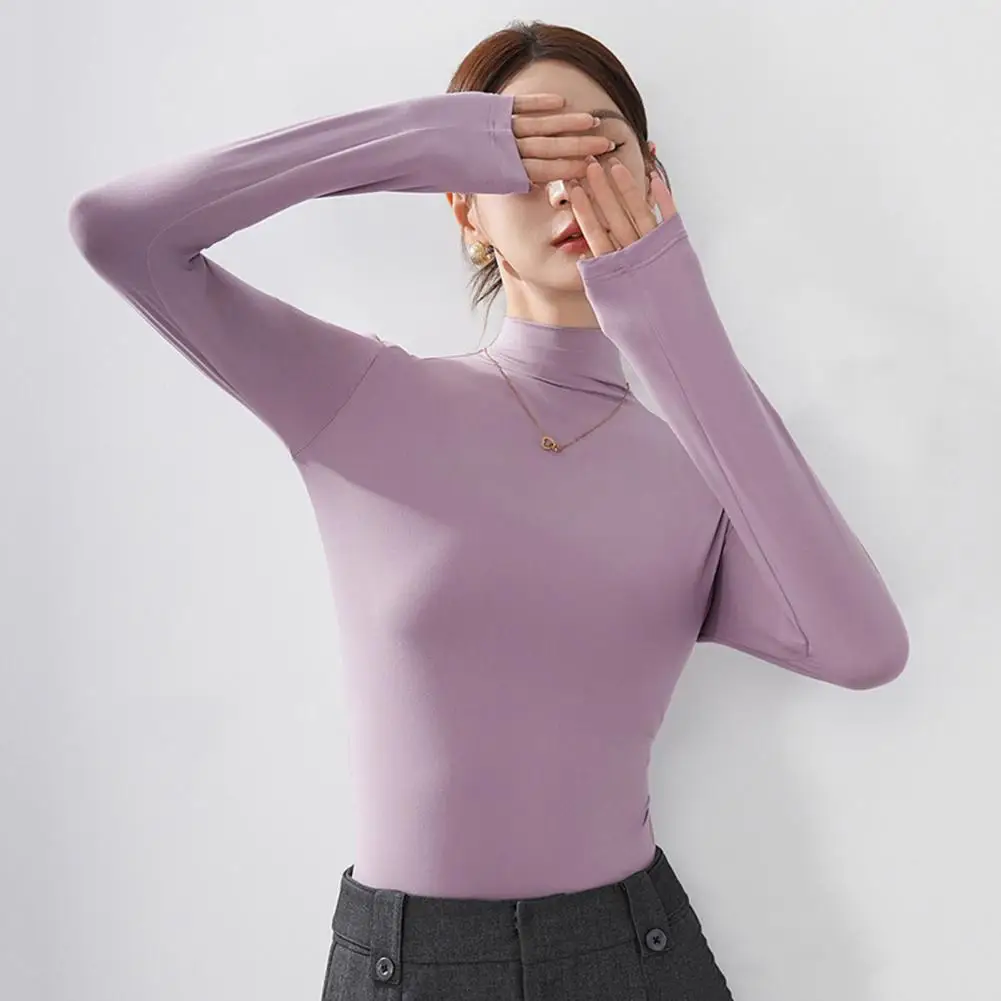 Versatile Long Sleeve Tee Women's Slim Fit Long Sleeve High Collar Pullover Blouse Lightweight Stretchy Casual Top for Bottoming