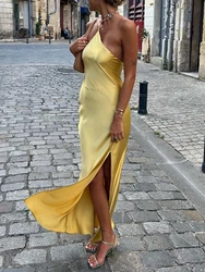 2024 New Summer Fashion Elegant Sexy Slim Slant Shouder High Quality Solid Color Yellow Midi Dress Backless Tie Long Dress