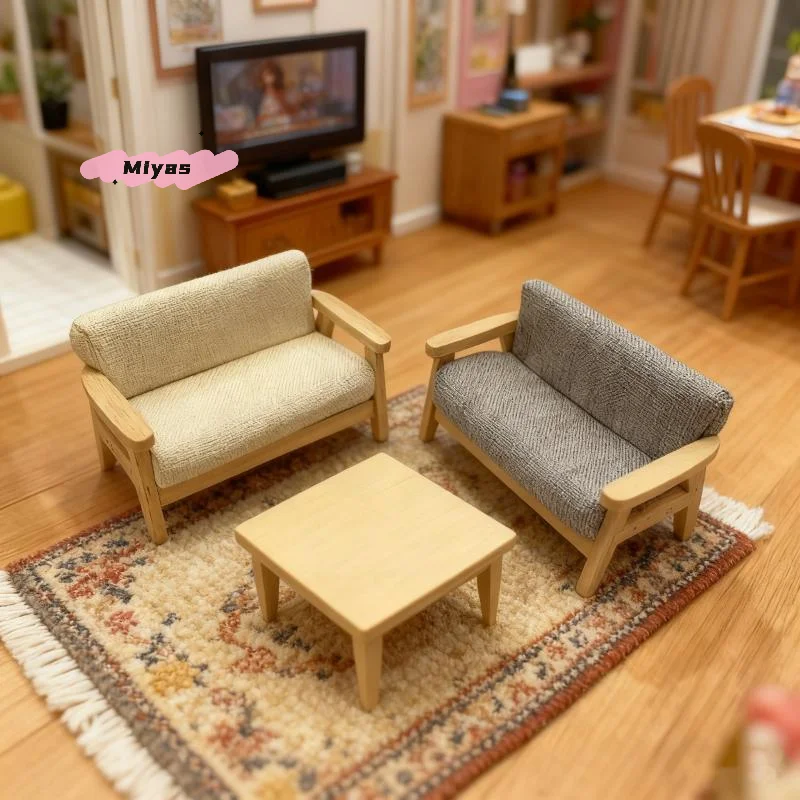 Juego de sofá doble en miniatura de madera para casa de muñecas, escala 1/12, muebles para sala de estar, decoración para casa de muñecas, 1 Uds.