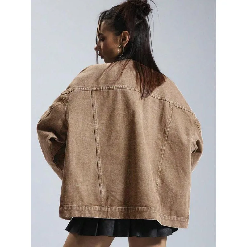 Autunno Inverno nuove donne tinta unita bottone abbottonatura frontale spalla giacca di jeans design retrò sciolto versatile cappotto corto da donna