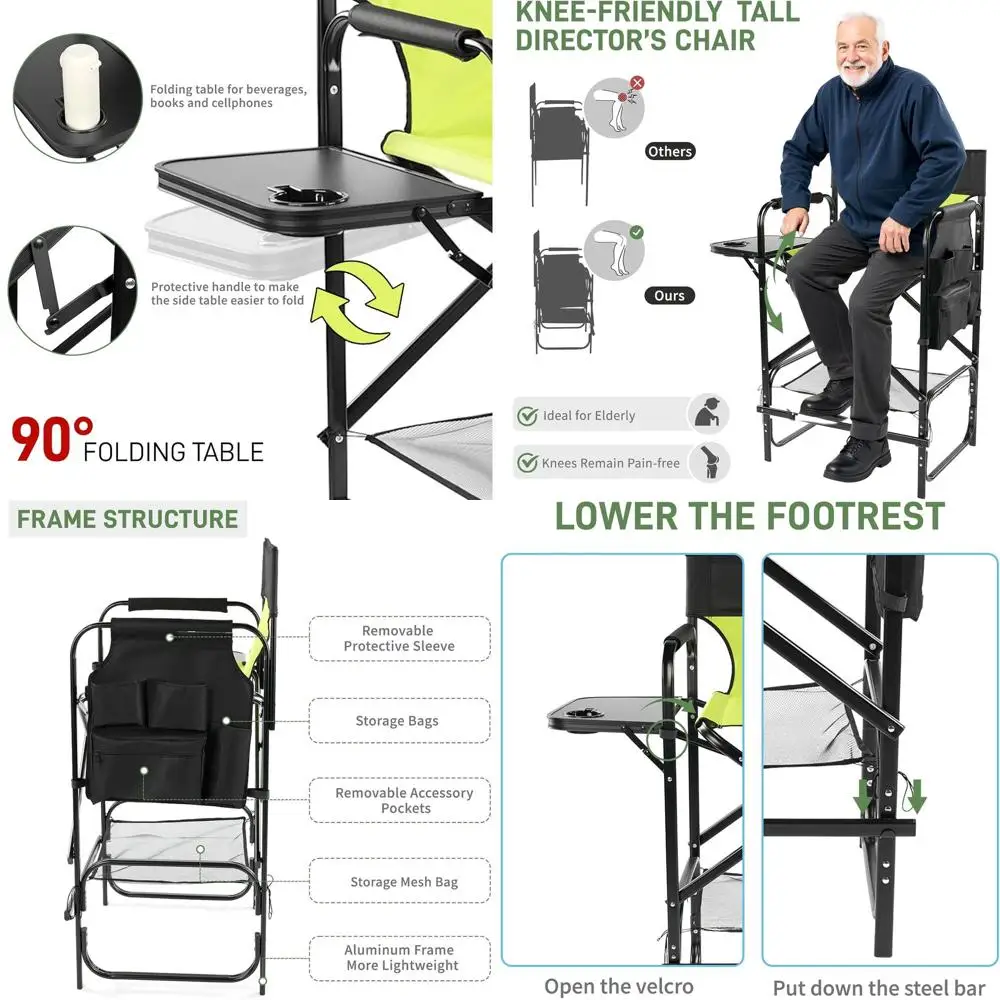 

Portable Folding Directors Chair with Side Table, 300 lbs Capacity, Green/Black for Makeup Artists