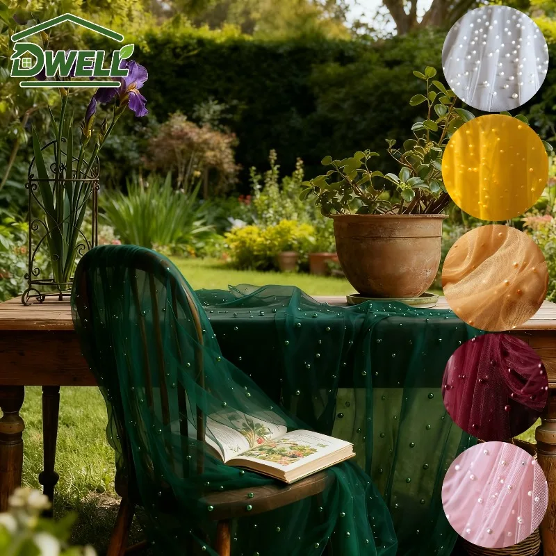 Pearl Embellished Chiffon Table Runner Transparent Gauze Mesh Cloth Wedding Dining Table Decoration Party Home Ornament Max 2x3M