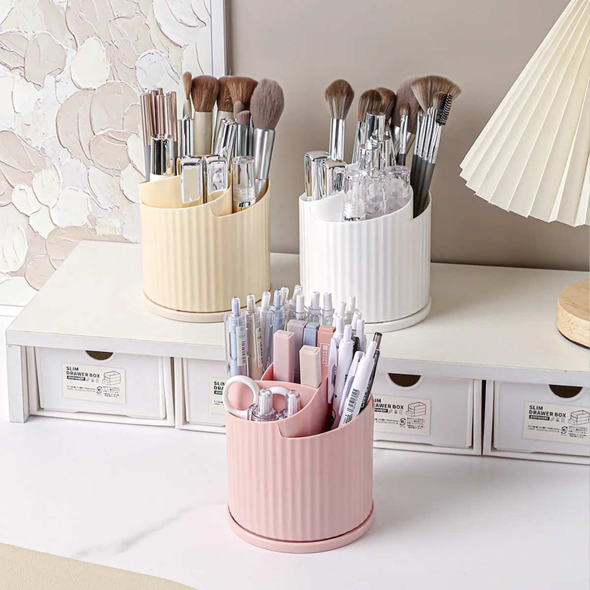 360-Degree Rotating Pen Holder, Multifunctional Desktop Storage Box, Large Capacity Pencil Cup, Suitable for Office, School, and Home, Glacier White/Sakura Pink/Cream Yellow Aesthetic Stationery Storage Box