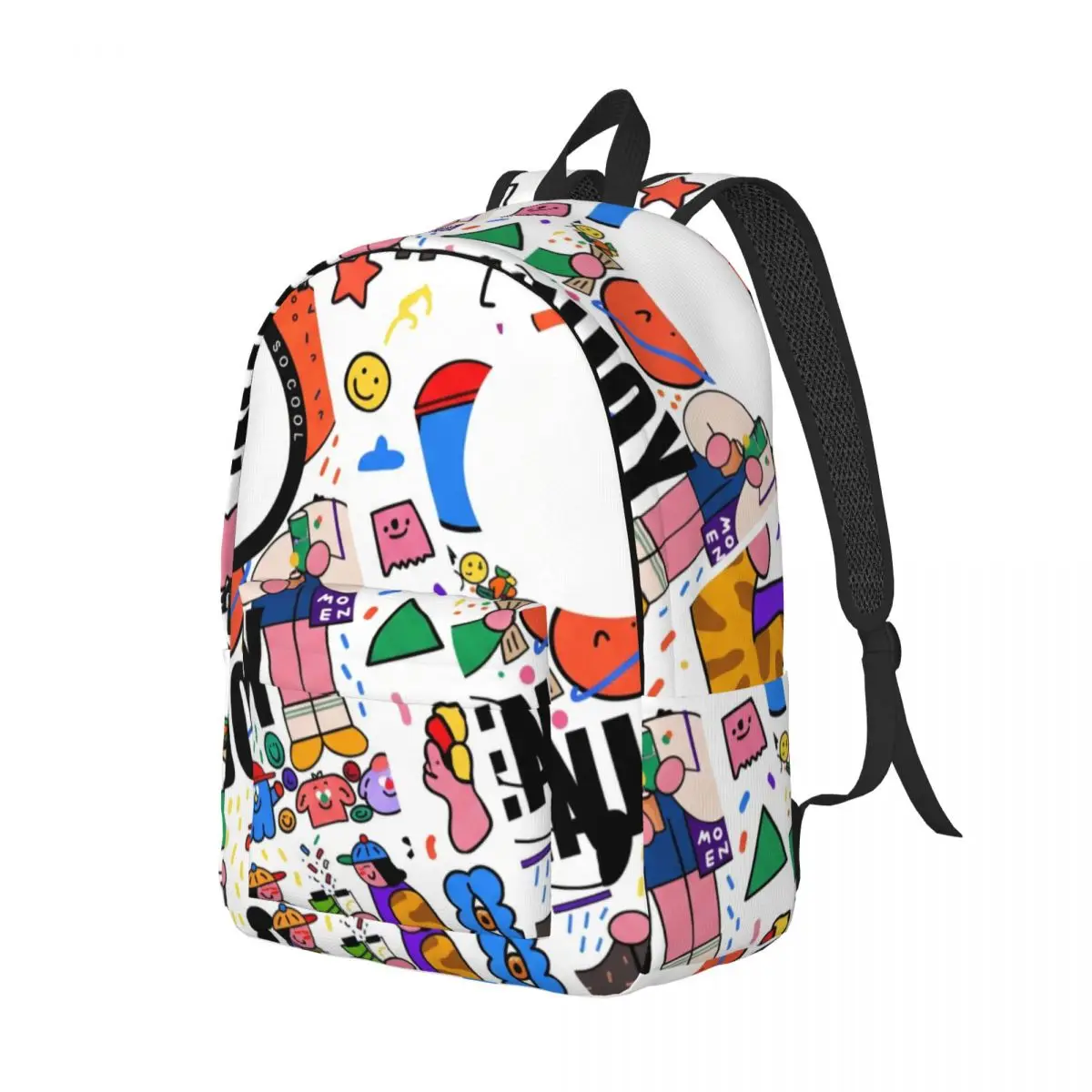 Aesthetic School Backpack Tossed Colorful Characters Vibrant Artistic White Multicolor Large Capacity Daypack for Girls Boys Men