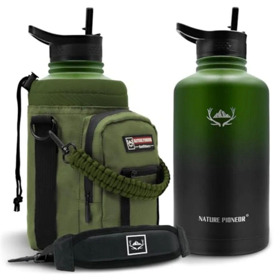 

Insulated Water Bottle - Double Vacuum Stainless Steel Half Gallon Water Bottle with Holder and 3 Leakproof, BPA Free Bottle Li