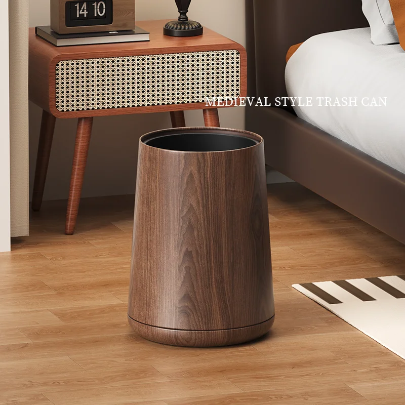Leasylife Vintage Trash Can  Walnut Wood Pattern WasteBasket Metal Body Garbage Can for Bathroom Living Room Home