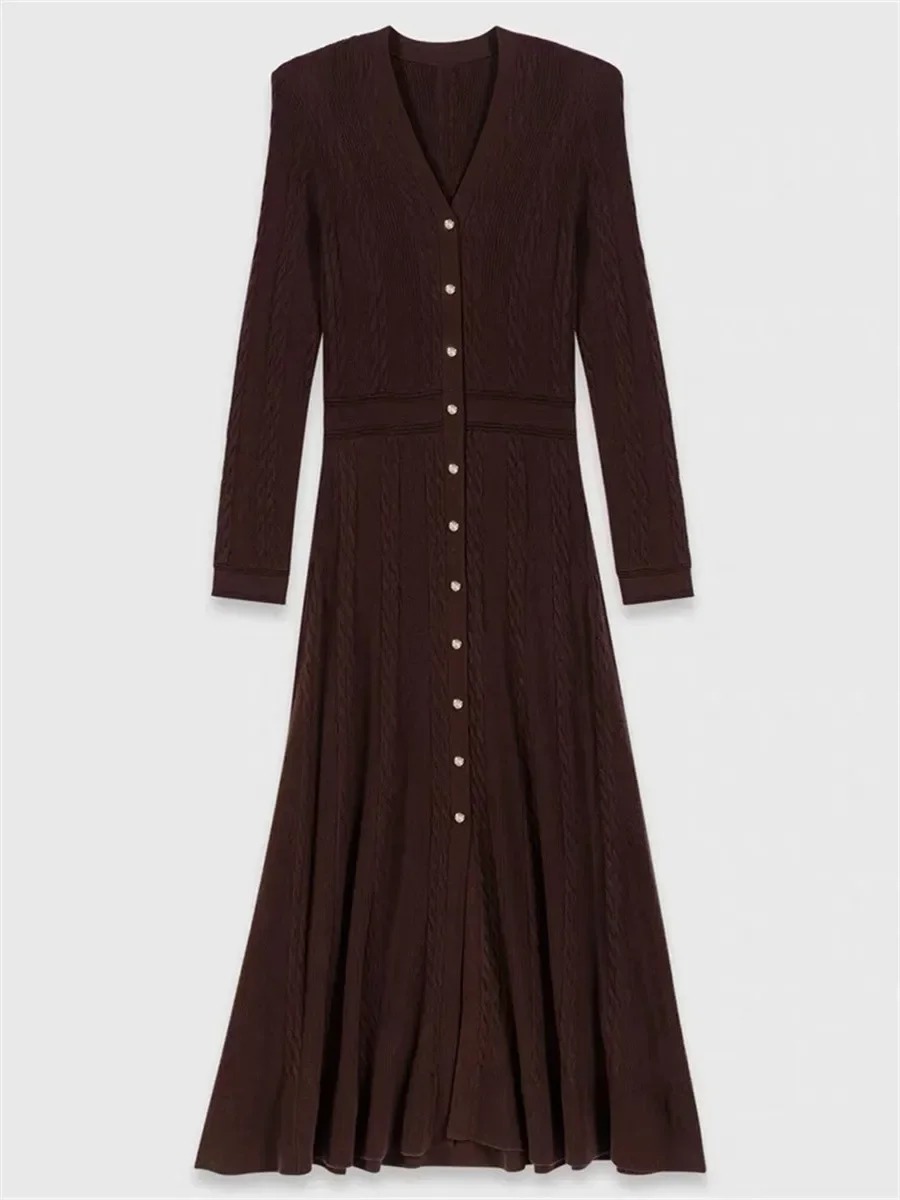 Vestido marrón de manga larga con cuello en V y cintura alta para mujer, vestido de longitud media de punto ajustado con una hilera de botones para otoño 2025