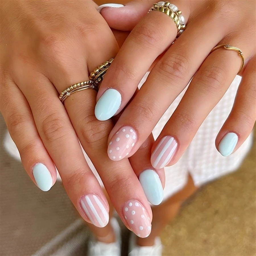 Arte de uñas con bloques de color y lunares franceses, uñas postizas cortas de almendra de moda veraniega, desmontables y terminadas 5