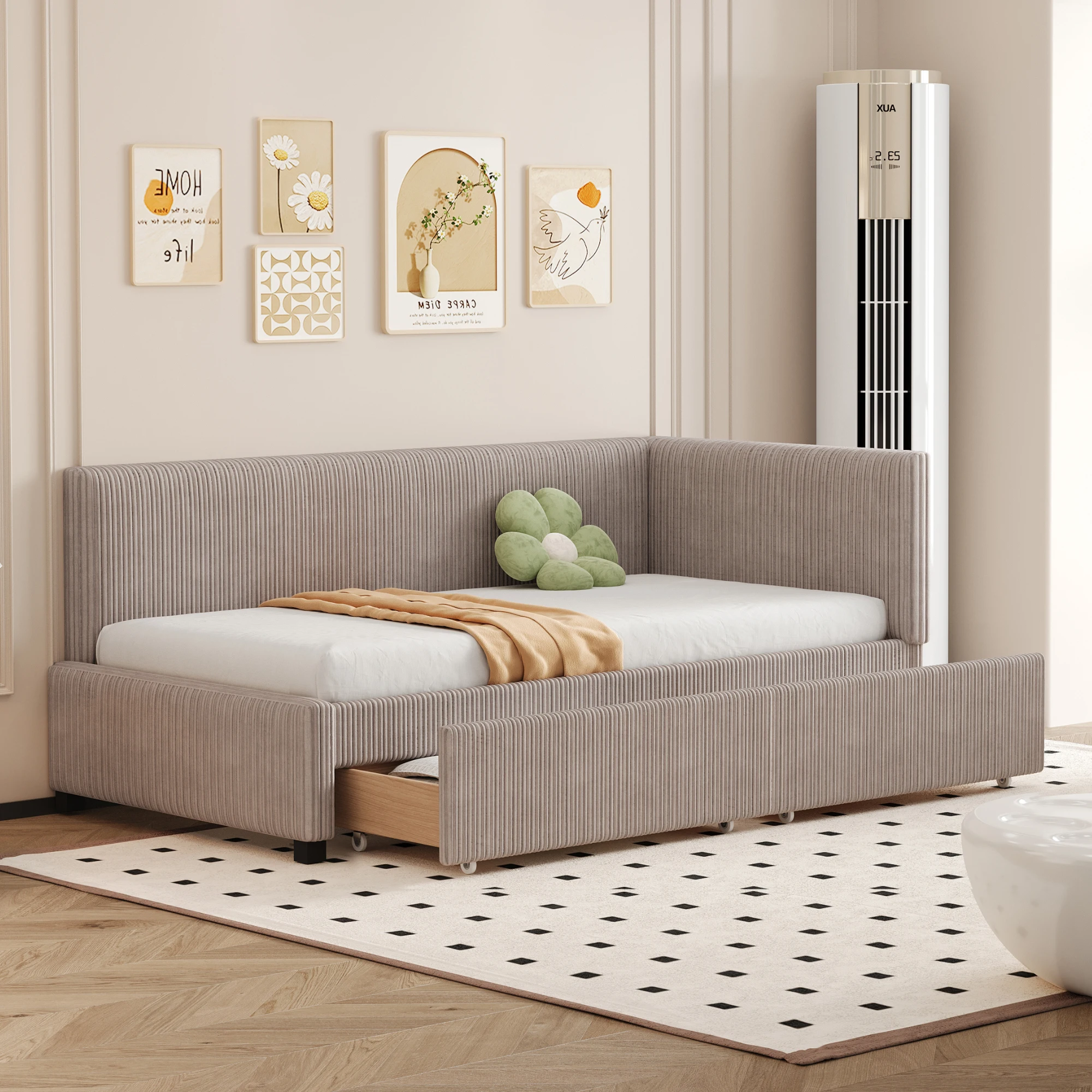 Lit banquette 90x200 cm - lit extensible avec 2 tiroirs de rangement et sommier à lattes - velours gris, sans matelas