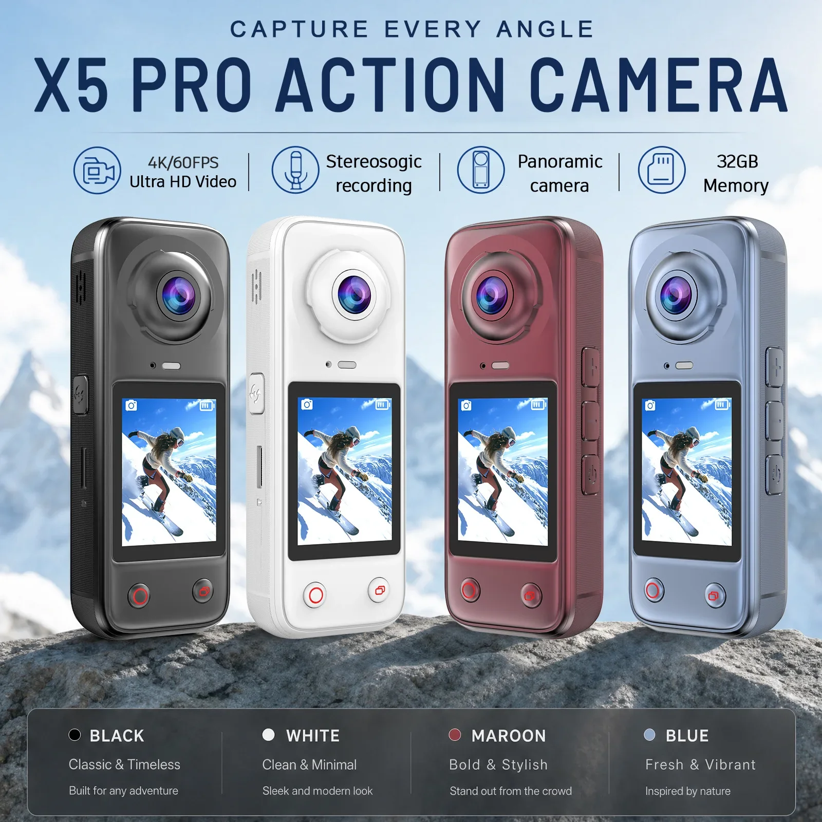 New 4K Action Camera With 32GB Front & Rear Dual Lens Switch 200° Wide‑Angle Handheld Camcorder Outdoor Sports Cameras For Vlog