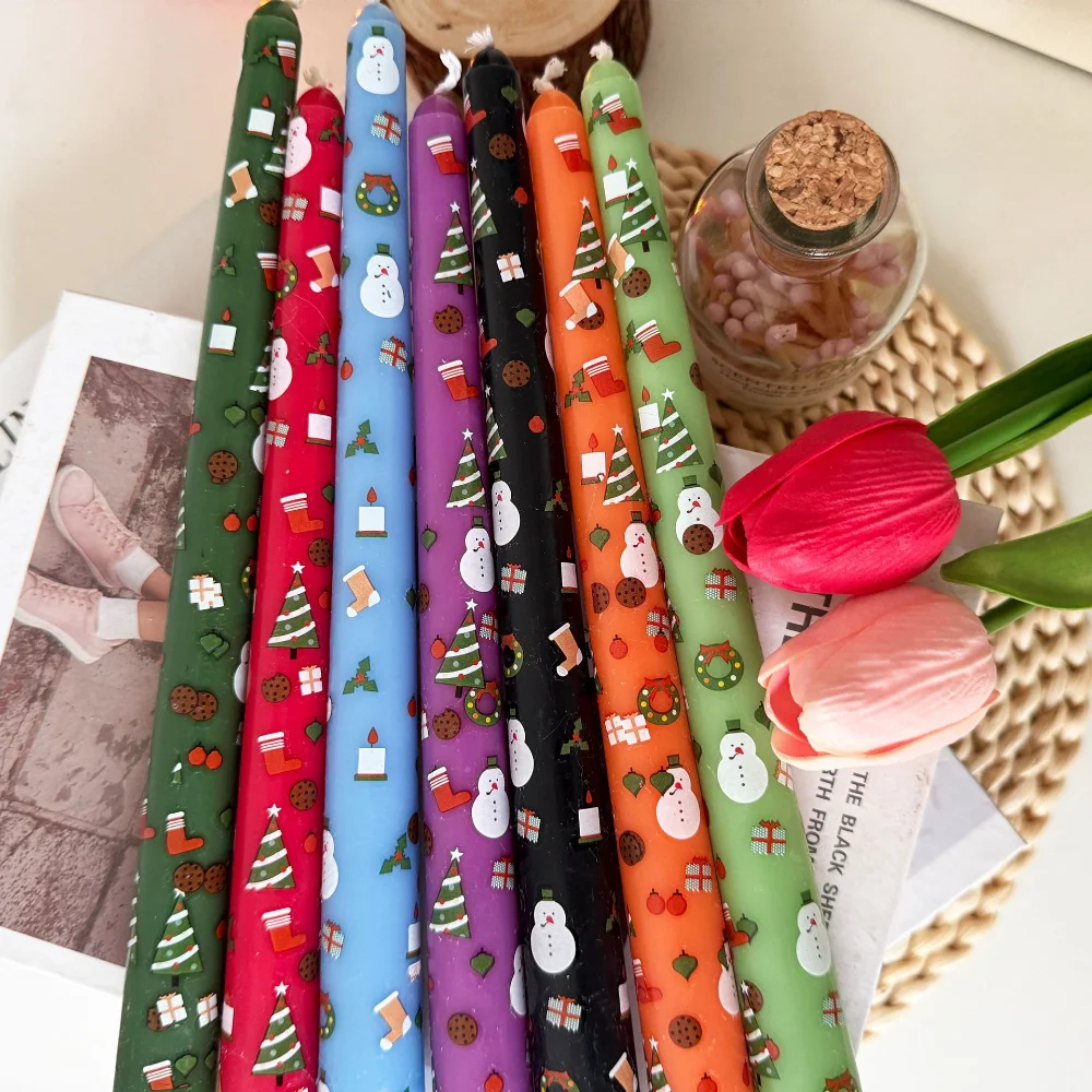 Christmas Snowman Printed Decal Candle - Colorful Long Candle For Holiday Parties Decorations Enhancing The Festive Atmosphere.