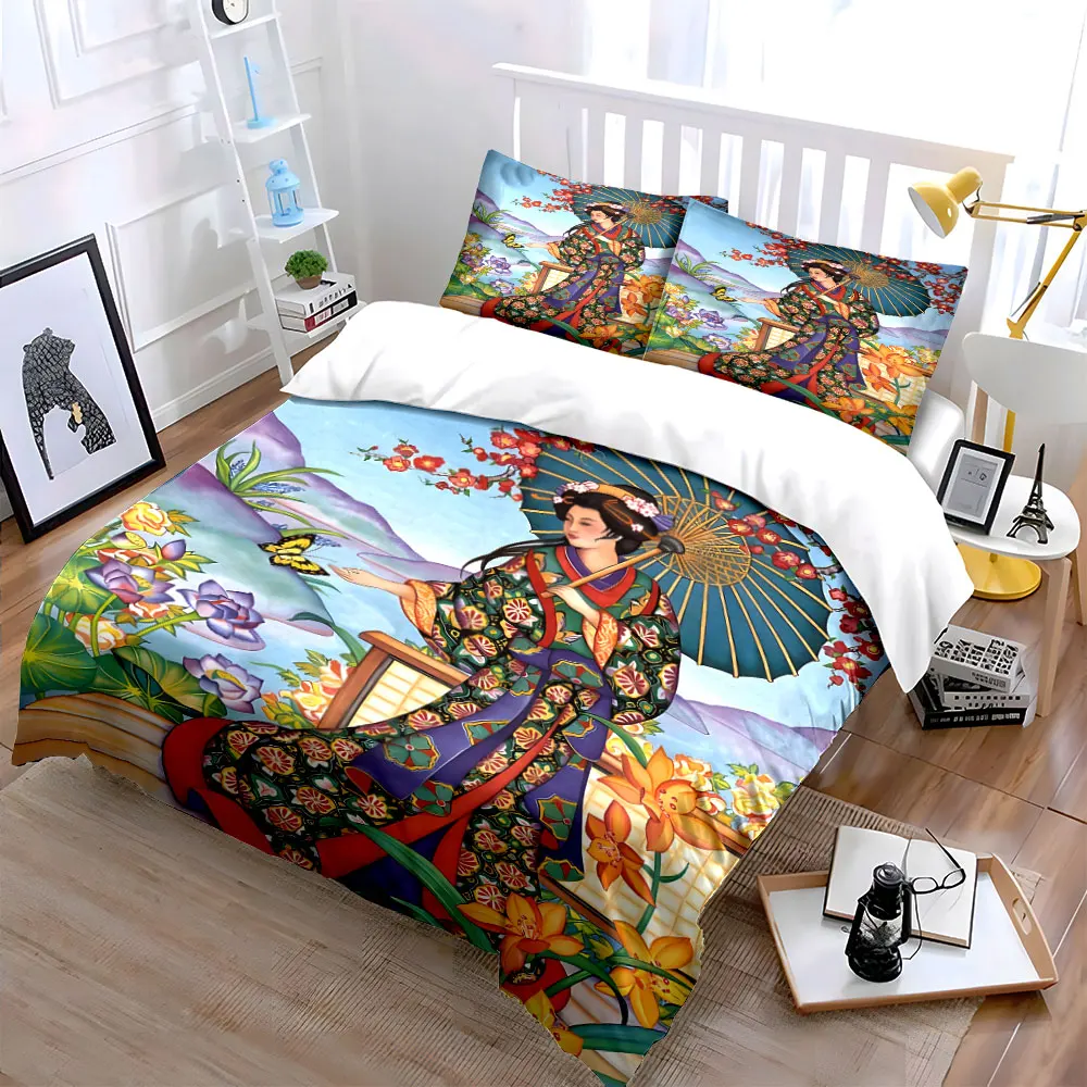 Woman in kimono with flowers Print Bedding Set 1 Duvet Cover 2 Pillowcases for Adult and Children Luxury Gift Full Size