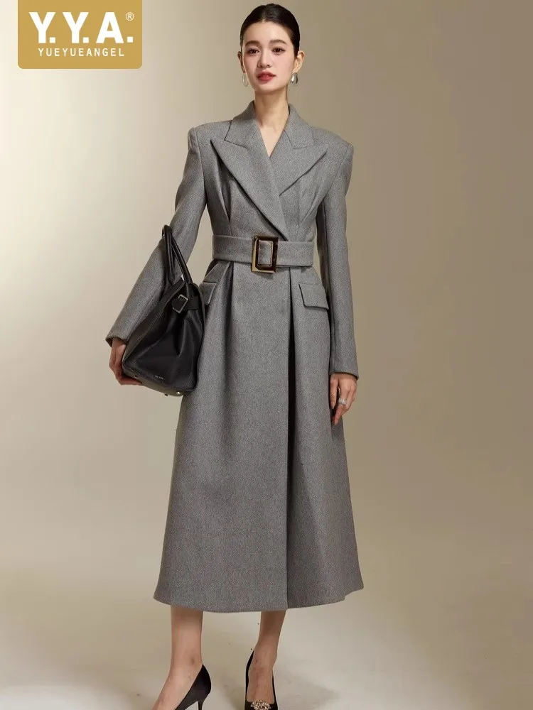 Autumn Top Quality Women Wool Blends Office Lady Sashes Woolen Coat Shoulder Padded Winter Trench Mid-Calf Long Party Outerwear