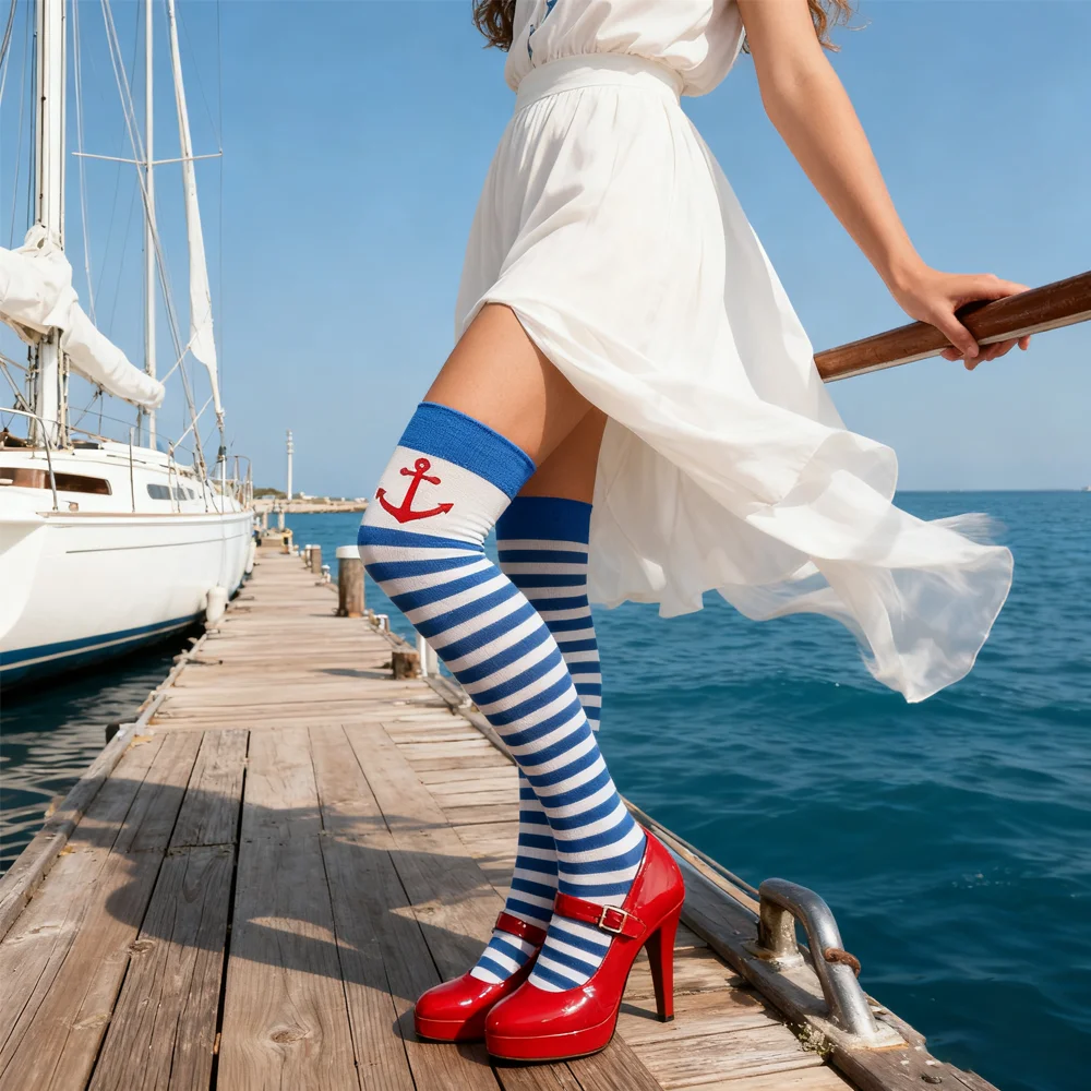 PESENAR Capitão estilo azul e branco listrado âncora sobre o joelho meias para cosplay e acessório de fantasia