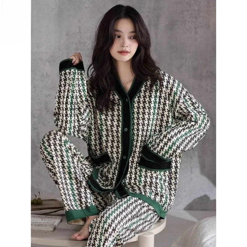 Women's Pajamas Set Thousand Birds Check Texture Korean Fashion Spring and Fall Long-sleeved Cardigan Elegant Sleepwear Homewear