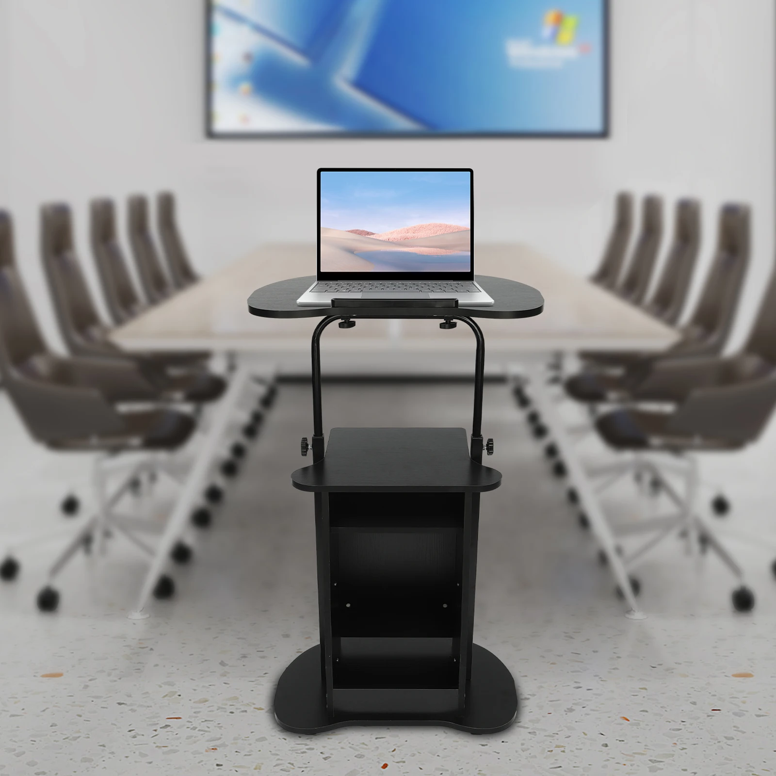 

Черная стальная подставка из МДФ 60x37 см с регулируемой высотой, полукруглой деревянной платформой и колесиками для мобильной подиумной платформы