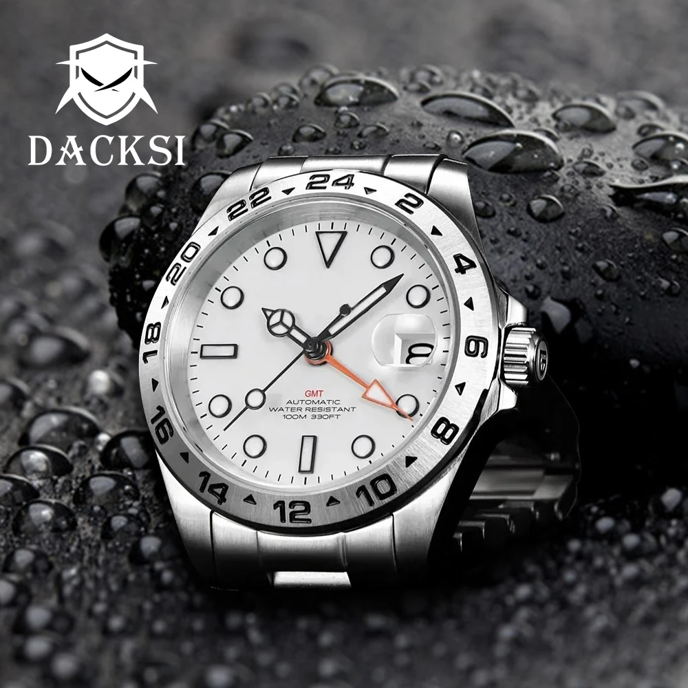 DACKSI Stainless Steel 39mm NH34A GMT Function Dress Automatic Wristwatch for Men Sapphire Glass Black Dial Date Screw Crown Etc