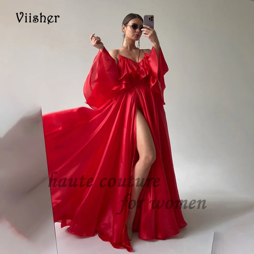 

Viisher Red A Line Prom Dresses with Slit Silk Satin V Neck Evening Party Dress Spaghetti Straps Long Formal Gowns