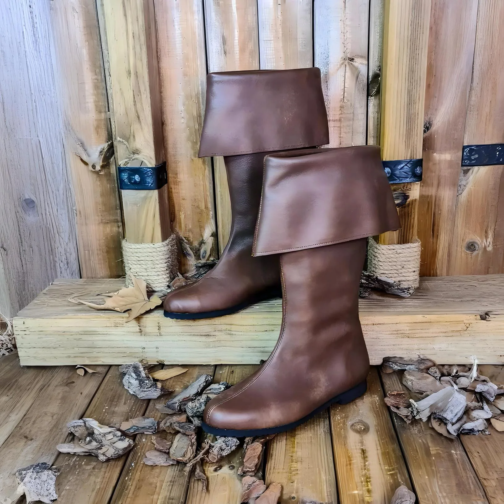 Mittelalterliche Renaissance-Klappstiefel bis zur Wadenmitte, flache Stiefel aus Retro-PU-Leder und Wildleder, Cosplay-Piraten-Halloween-Kriegerschuhe, Schuhwerk – Detail 11