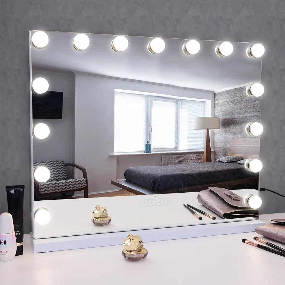 Large Bluetooth Vanity Mirror Makeup Mirror With Lights Hollywood Mirror Touchscreen Control Cosmetic Mirrors With 15 LED Bulbs