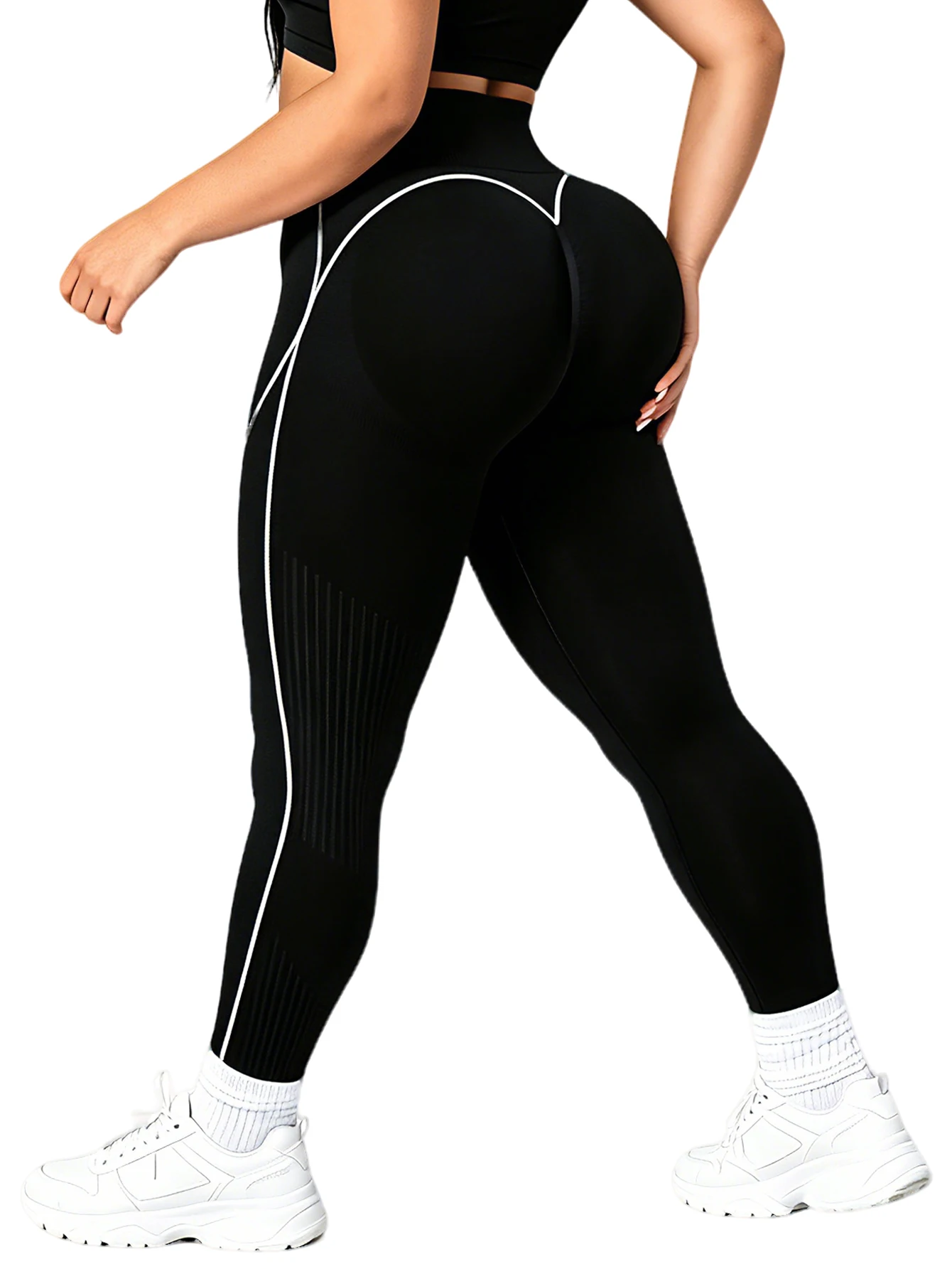 Nahtlose Sportleggings in Übergröße für Damen mit kontrastierenden Paspeln, hohem Bund und Bauchkontrolle, Fitness- und Yogahosen, Gymnastik- und Workout-Leggings