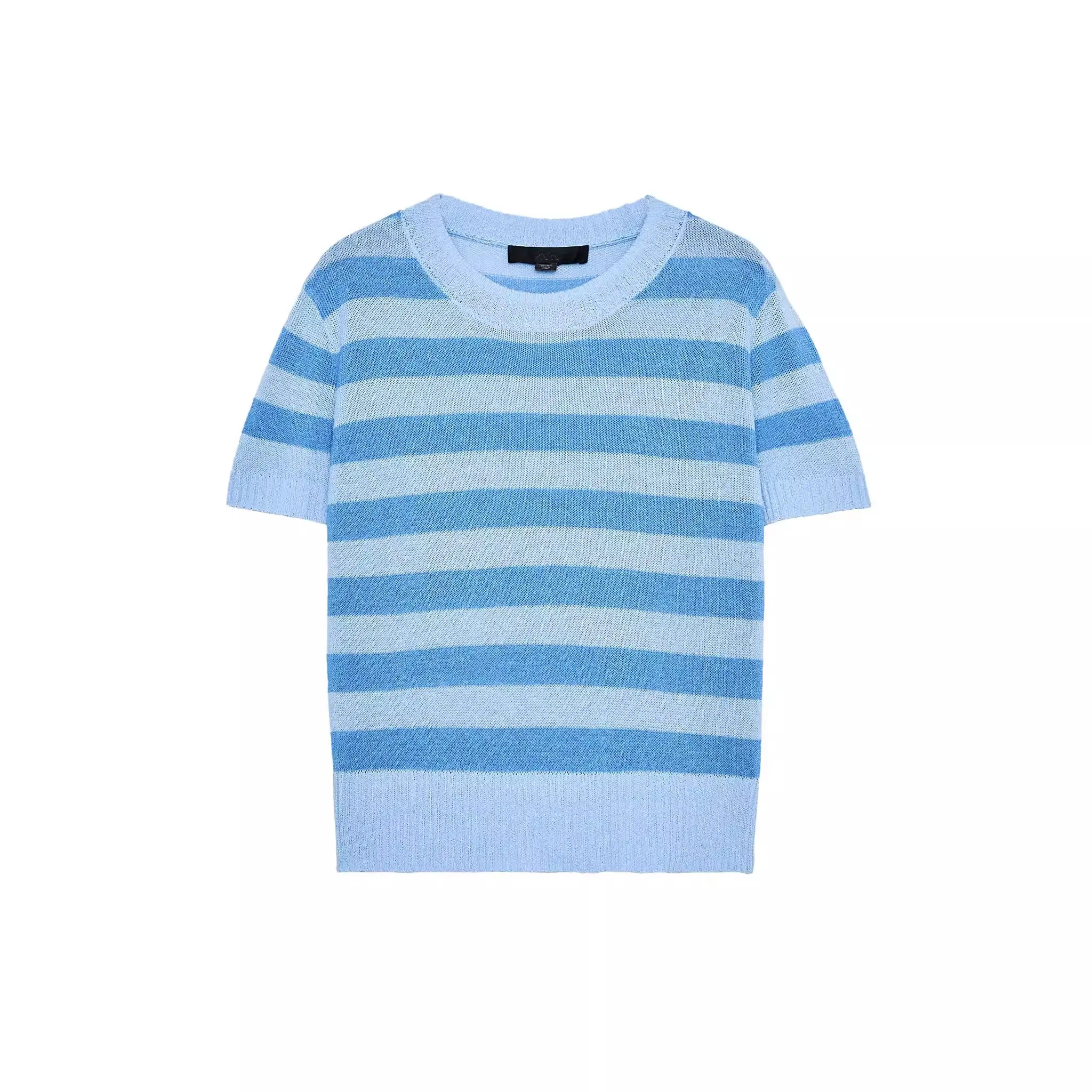Novedad de verano, Top de punto de manga corta con cuello redondo a rayas para mujer, Top ajustado de estilo clásico que abso...