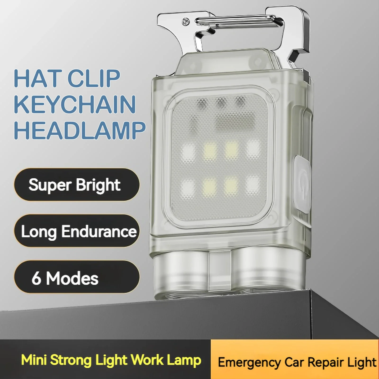 Mini llavero con luz fluorescente transparente para sombrero, luz con Clip, recargable, para acampar al aire libre, mochila portátil, linterna