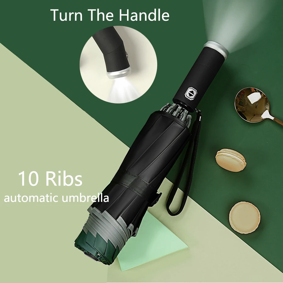 New Fully Automatic UV Umbrella With LED Flashlight Reflective Stripe Reverse Umbrellas For Rain and Sun Heat Insulation Parasol