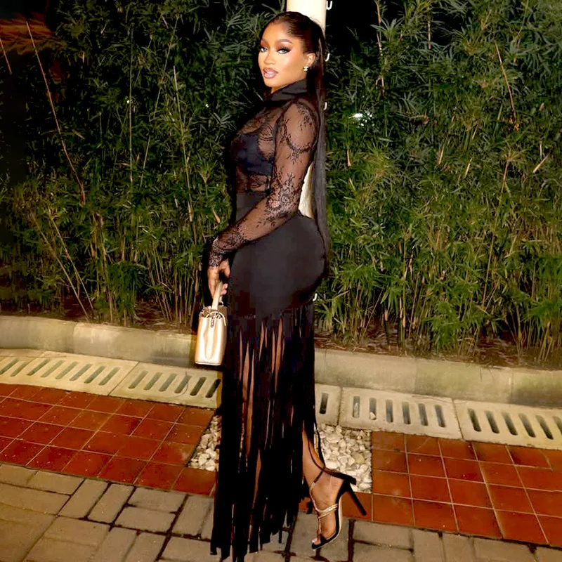 

Женский осенний комплект из 2 предметов, сексуальный прозрачный сетчатый топ с воротником-поло и кисточкой + длинная юбка, однобортная клубная одежда с разрезами