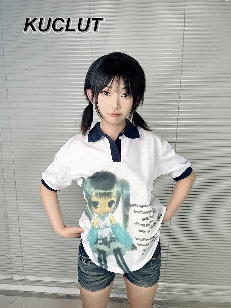 

Свободная футболка в японском уличном стиле с отложным воротником-поло, повседневная футболка, топы с короткими рукавами для женщин, летние футболки