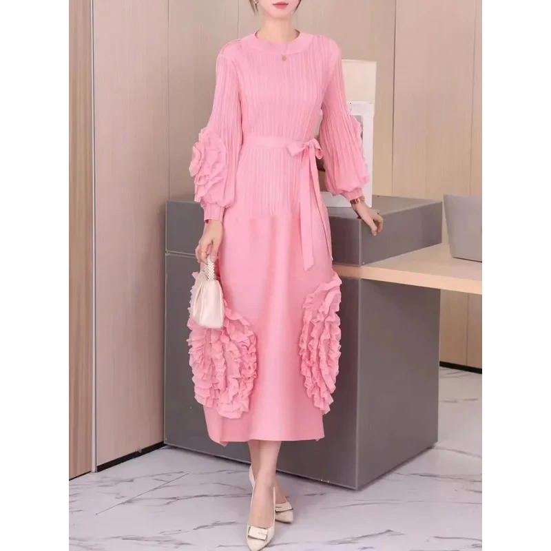 Fashion Design Pleated Evening party Dress Women Mesh Floral Spliced Belt Gathered Waist Solid Color Dresses Elegant 2024 New