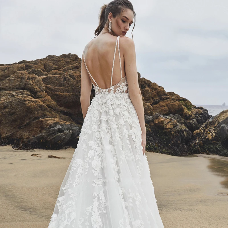 Robe de Mariée Trapèze en Dentelle et Tulle pour Femme, Photo Réelle Personnalisée, Bretelles Spaghetti, Fleurs 3D, 13123 #