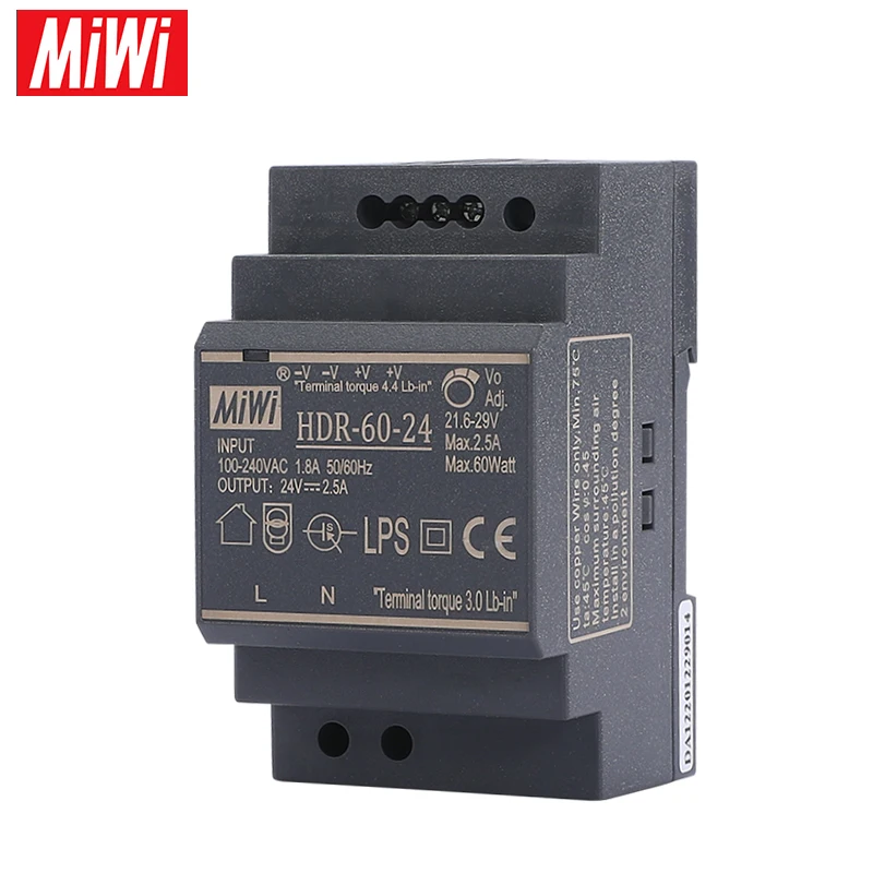 2 Years Warranty AC to DC 24V 60W SMPS Small Size DIN Rail Power Supply HDR-60-24