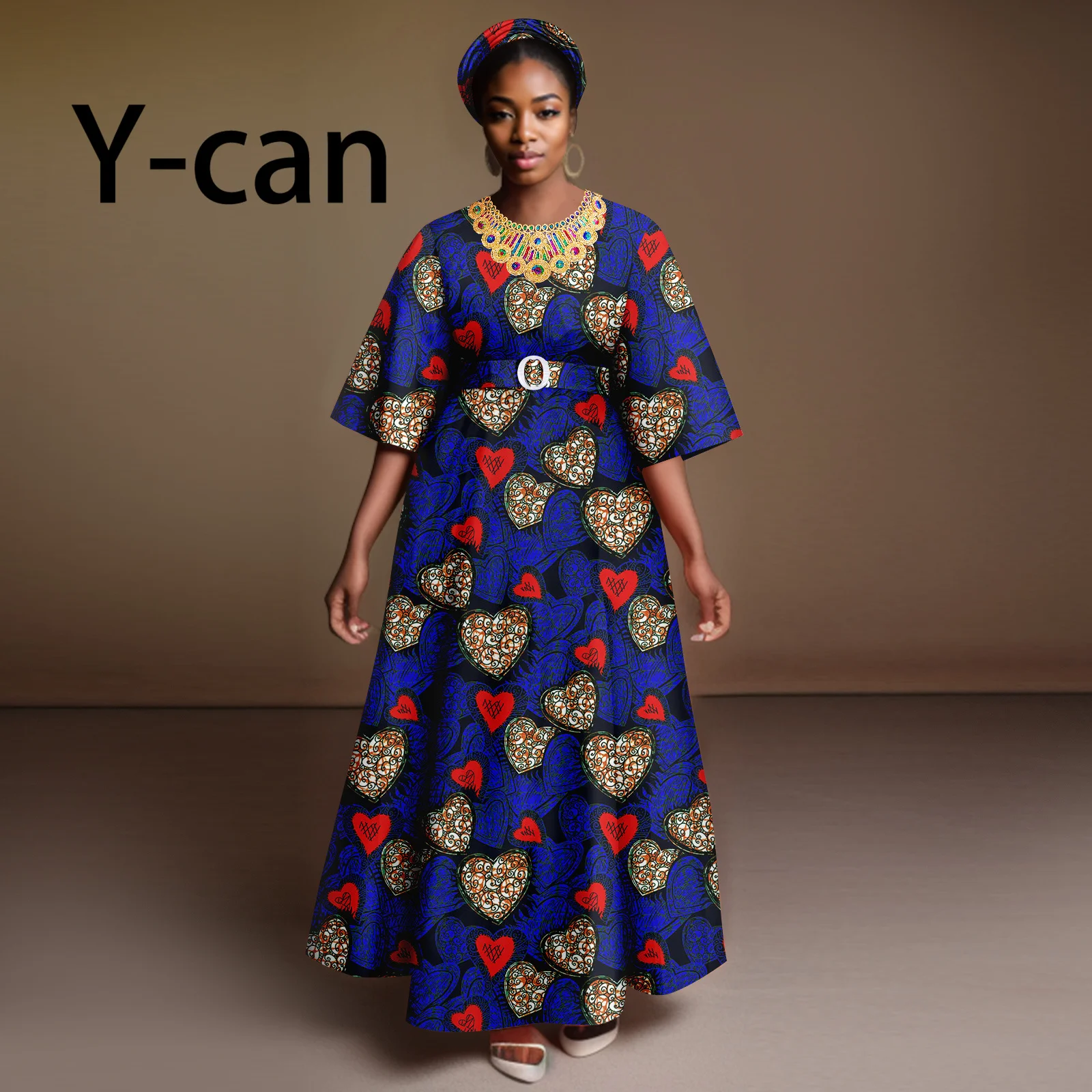 

African Dresses for Women O-neck Half Sleeve Ankle Length Vestidos Match Headband Causal Bazin Riche Ankara Cotton Wear Y2325088