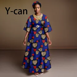 African Dresses for Women O-neck Half Sleeve Ankle Length Vestidos Match Headband Causal Bazin Riche Ankara Cotton Wear Y2325088