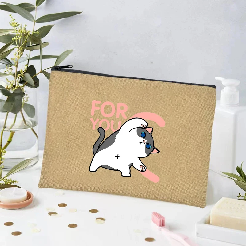 Cool Cat Printed Canvas Storage Bag Sundries Travel Perfume Lipstick Cosmetic Bags Cute Animal Zip Pen Case Gift for Pet Lovers