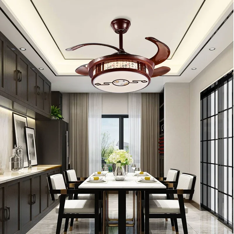 

Невидимый вентилятор из красного дерева в китайском стиле, потолочный вентилятор для столовой, потолочный вентилятор для гостиной, светодиодный бытовой светильник из массива дерева