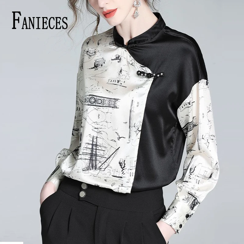 

FANIECES Spring Autumn Shirt for Women's Round Neck Retro Long Sleeve Chinese Style Printed Top Blouse Blusas Camisas De Mujer