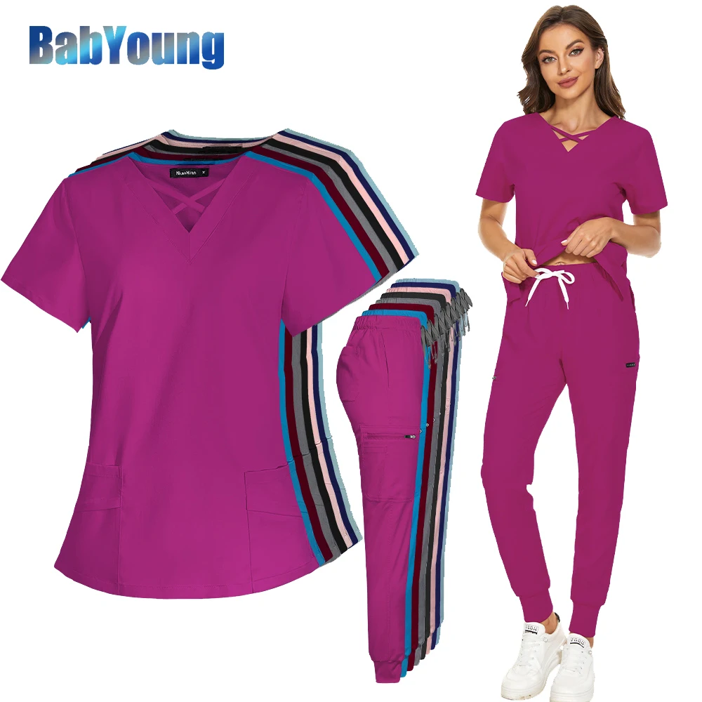 Enfermeira do hospital Workwear, Conjunto de Scrubs, Clínica Dentária Roupas, Médico Uniformes, Ternos De Laboratório, Top E Calças De Salão De Beleza, Moda