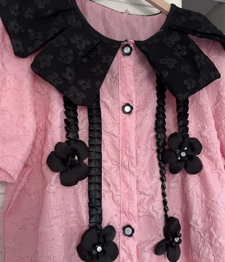 ชุดเดรสยาวลำลองแขนสั้นลายดอกไม้สีชมพูหวานน่ารักสำหรับผู้หญิงแฟชั่นฤดูใบไม้ผลิและฤดูร้อน รุ่น NZ266