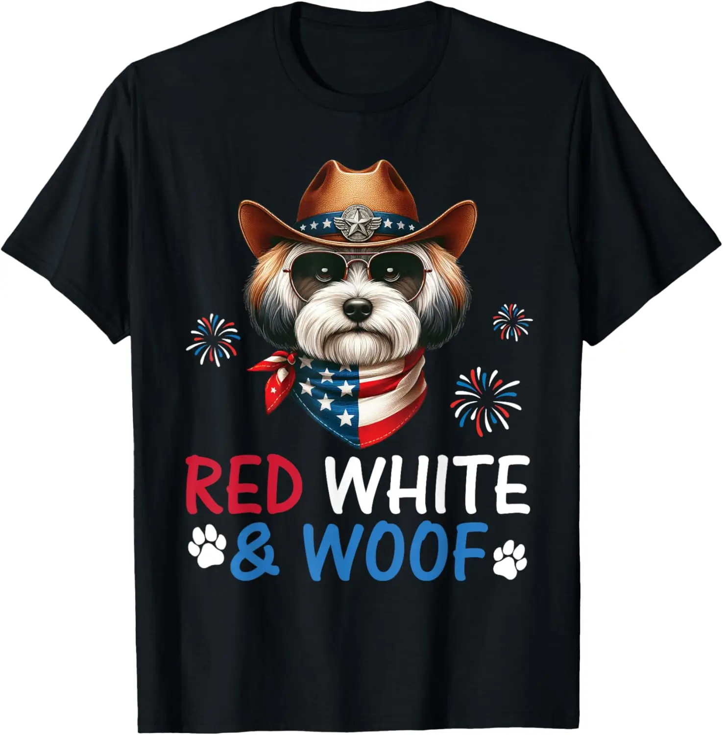 

Havanese Dog Cowboy Costume Fireworks Red White and Woof T-Shirt