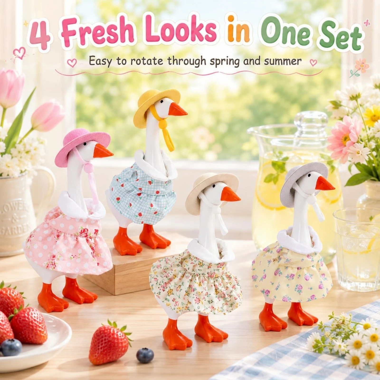 Spring Desk Goose Outfits Cute Hat and Floral Dress Set for 7 Inches Mini Desktop Goose Statue Clothes