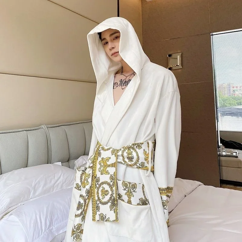 Thickened Winter Comfortable Velvet Light Luxury Hooded Long Nightgown Men's Fashion Robes Belted Warm Clothes 2Y2224