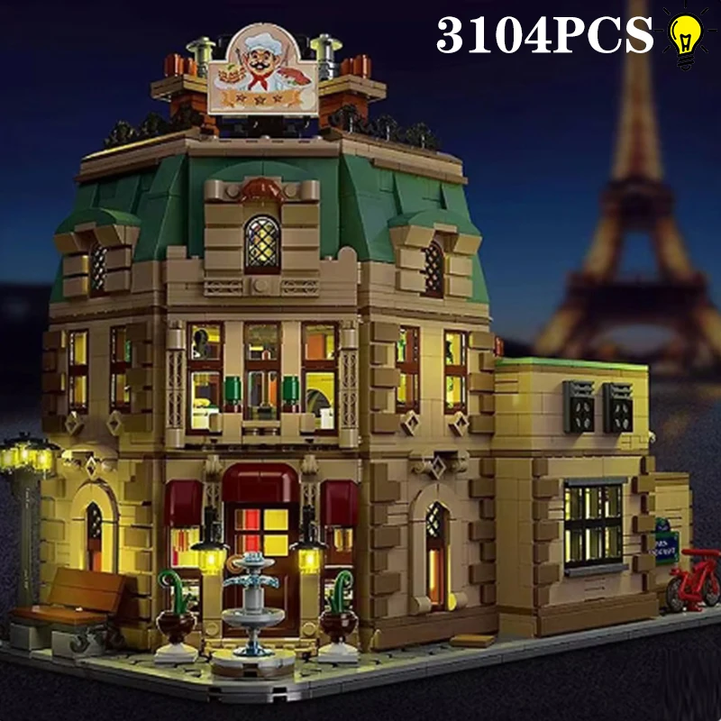 

3104PCS Paris Restaurant Building Blocks Creative City Street View MOC Bricks Model Set With Lights Kids DIY Toys Holiday Gifts