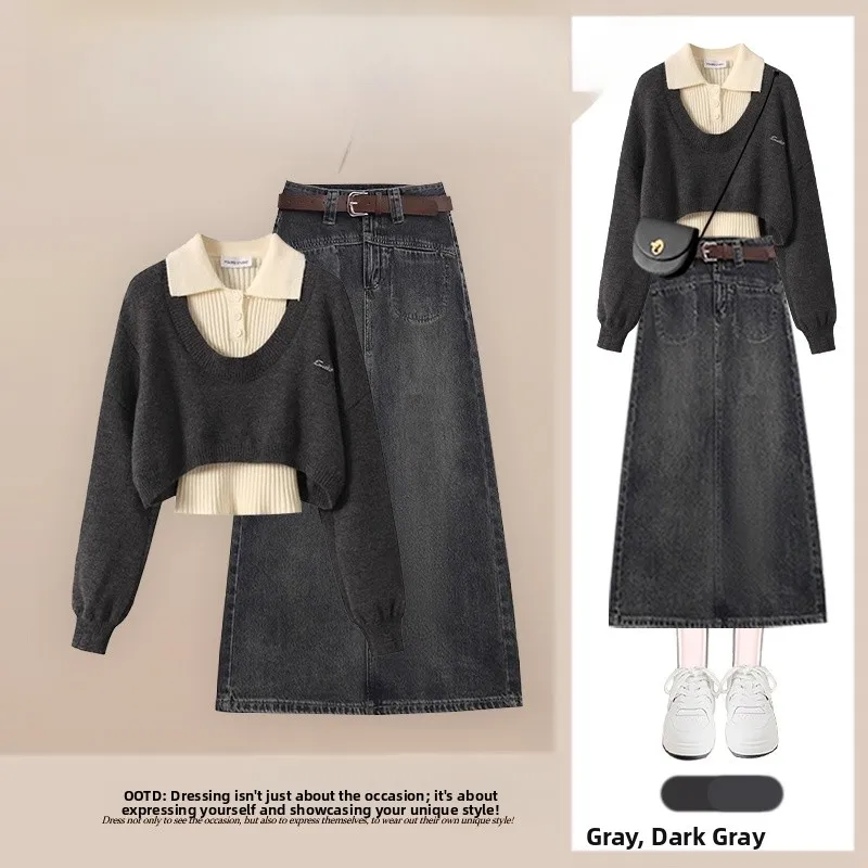 

Осенний комплект из футболок в консервативном стиле, винтажный свитер, базовая юбка, повседневный трикотаж, длинный воротник свека для взрослых женщин