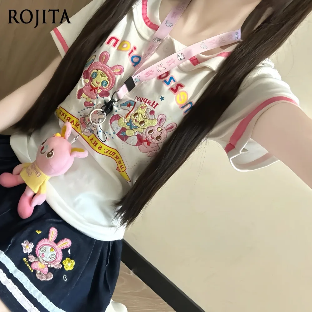 Doll Neck Embroidered T-shirt Bunny Bear Embroidery Short Sleeve T-shirt Pink Plaid Pleated Skirt Sold Separately